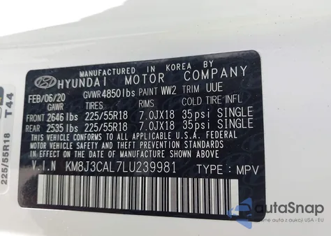 2020 Hyundai Tucson Limited z USA, uszkodzony, nr VIN KM8J3CAL7LU239981